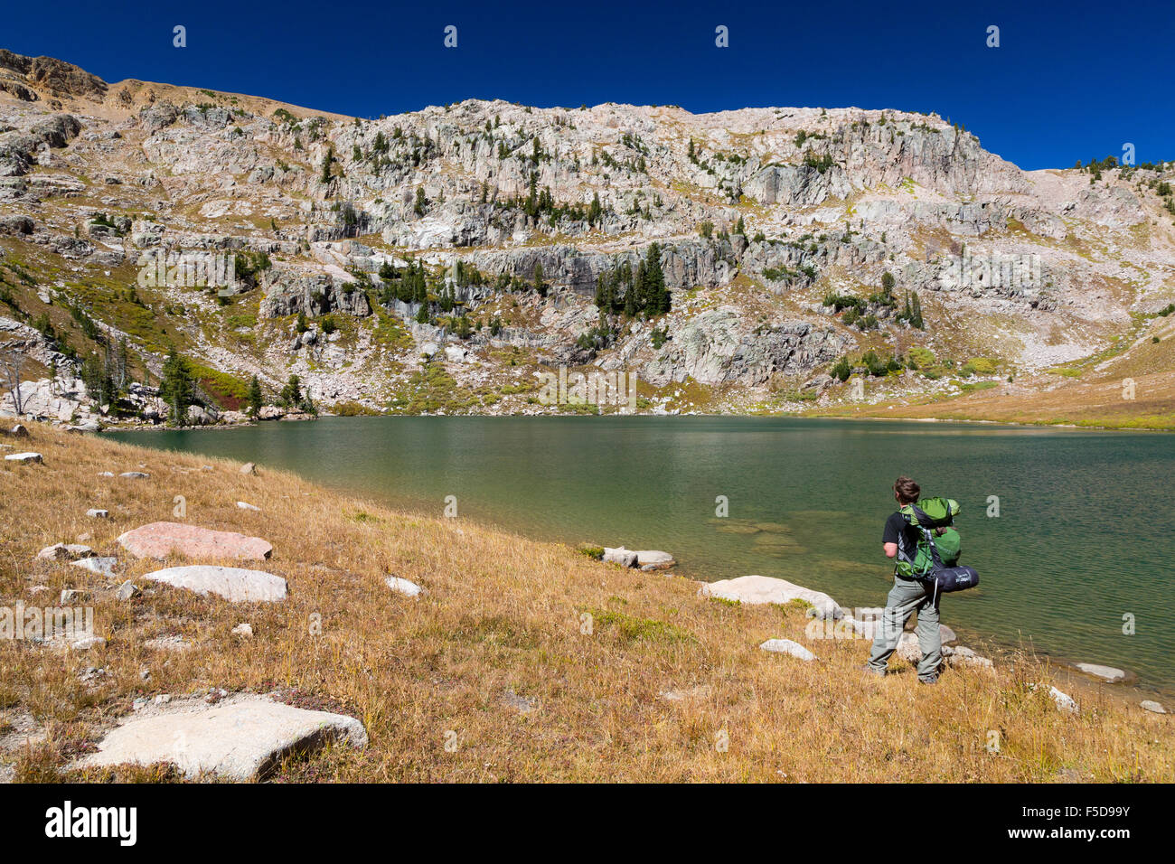 An adult male backpacker stopping at Shoal Lake to admire the views, Gros Ventre Wilderness, Wyoming Stock Photo
