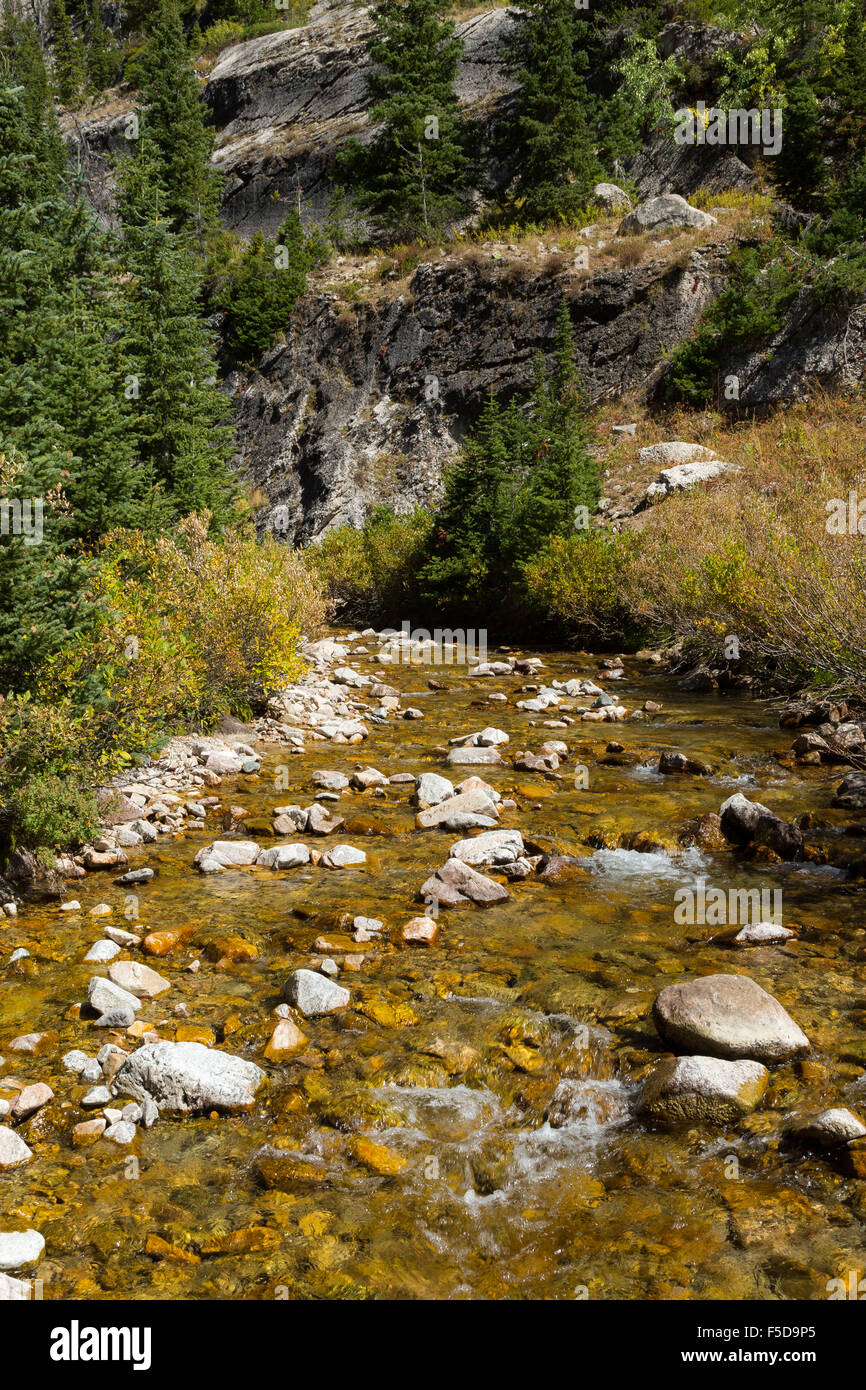 Shoal Creek flowing past rocky cliffs, Gros Ventre Wilderness, Wyoming Stock Photo
