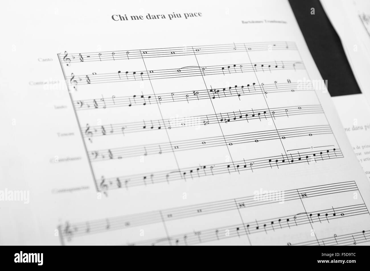 Music sheet with italian song name de-focused black and white Stock Photo