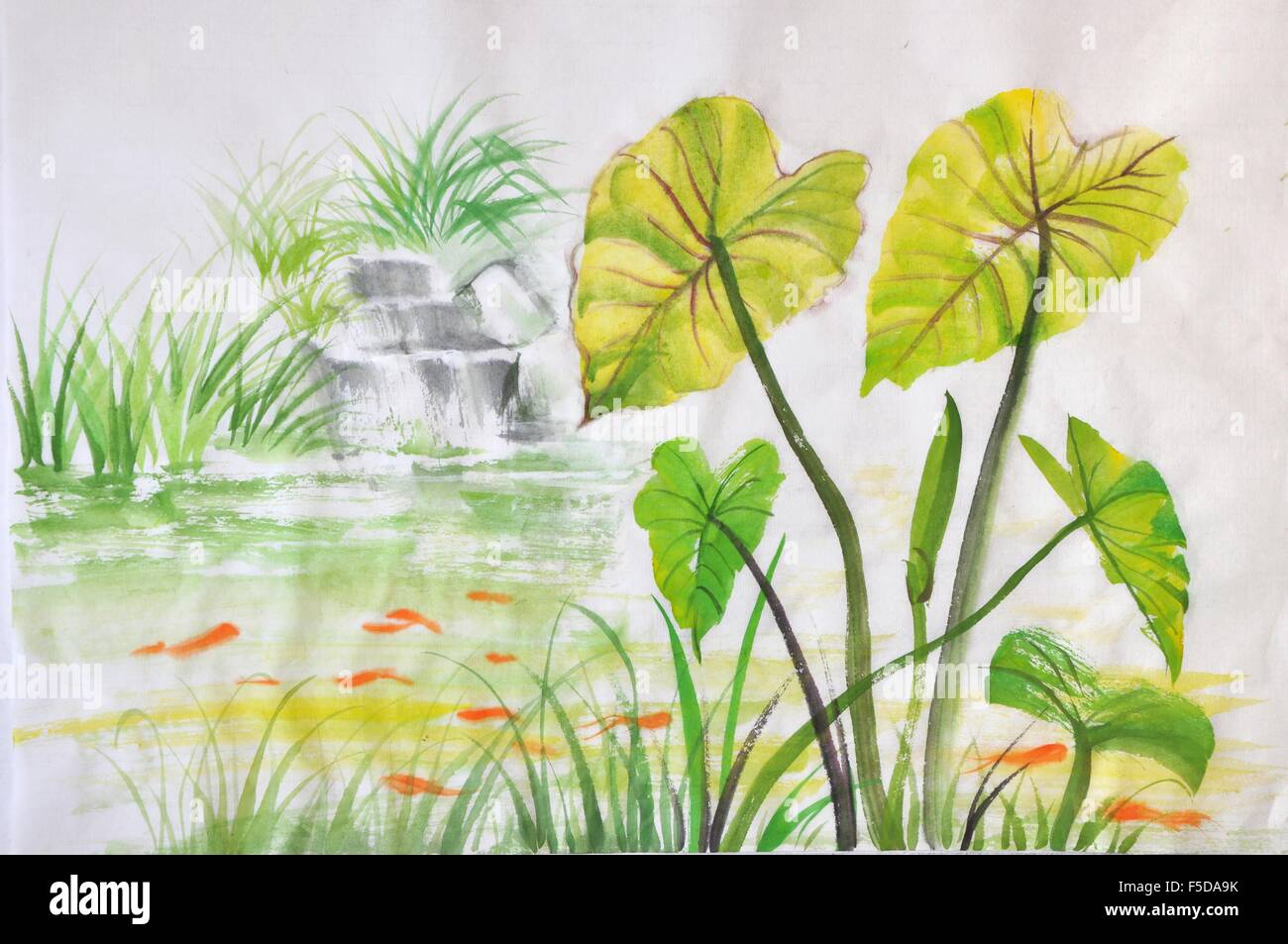 Watercolor painting of green lotus leaves on a pond with red fishes. Asian style original art. Stock Photo