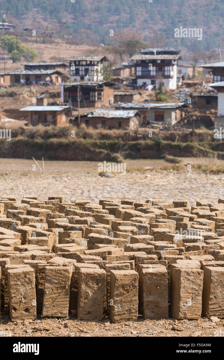Mud bricks for use in house construction, Punakha, Bhutan Stock Photo