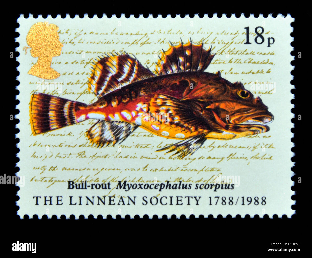 Postage stamp. Great Britain. Queen Elizabeth II. 1988. Bicentenary of Linnean Society. 1788/1988. Archive illustrations. 18p. Stock Photo