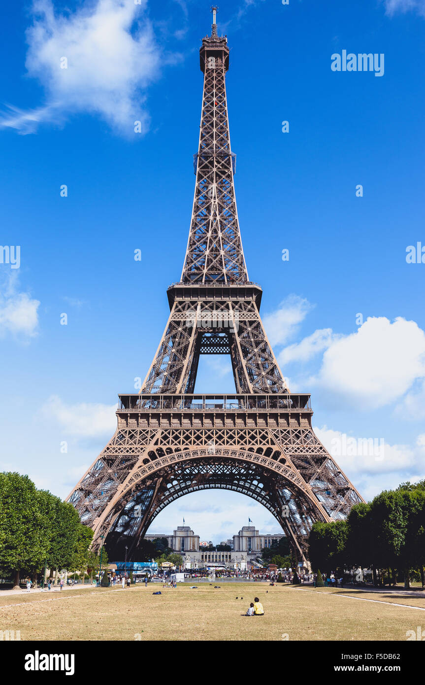 The Eiffel Tower as seen from Champ de Mars, Paris, France. Stock Photo