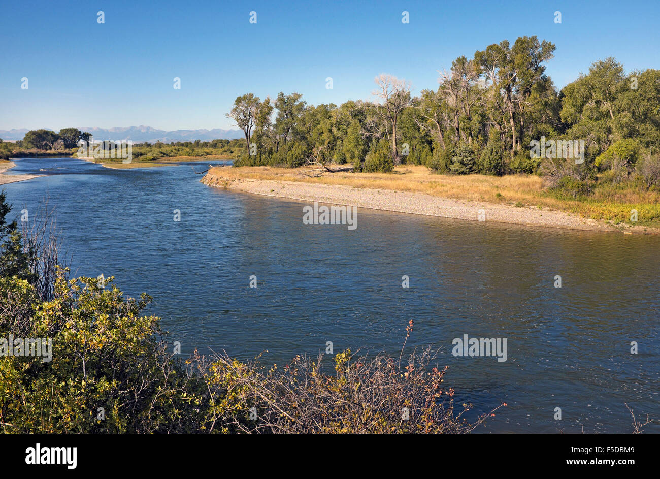 The headwaters of the Missouri River, where the Jefferson, Gallatin, and Madison Rivers come together, near Three Forks, Montana Stock Photo