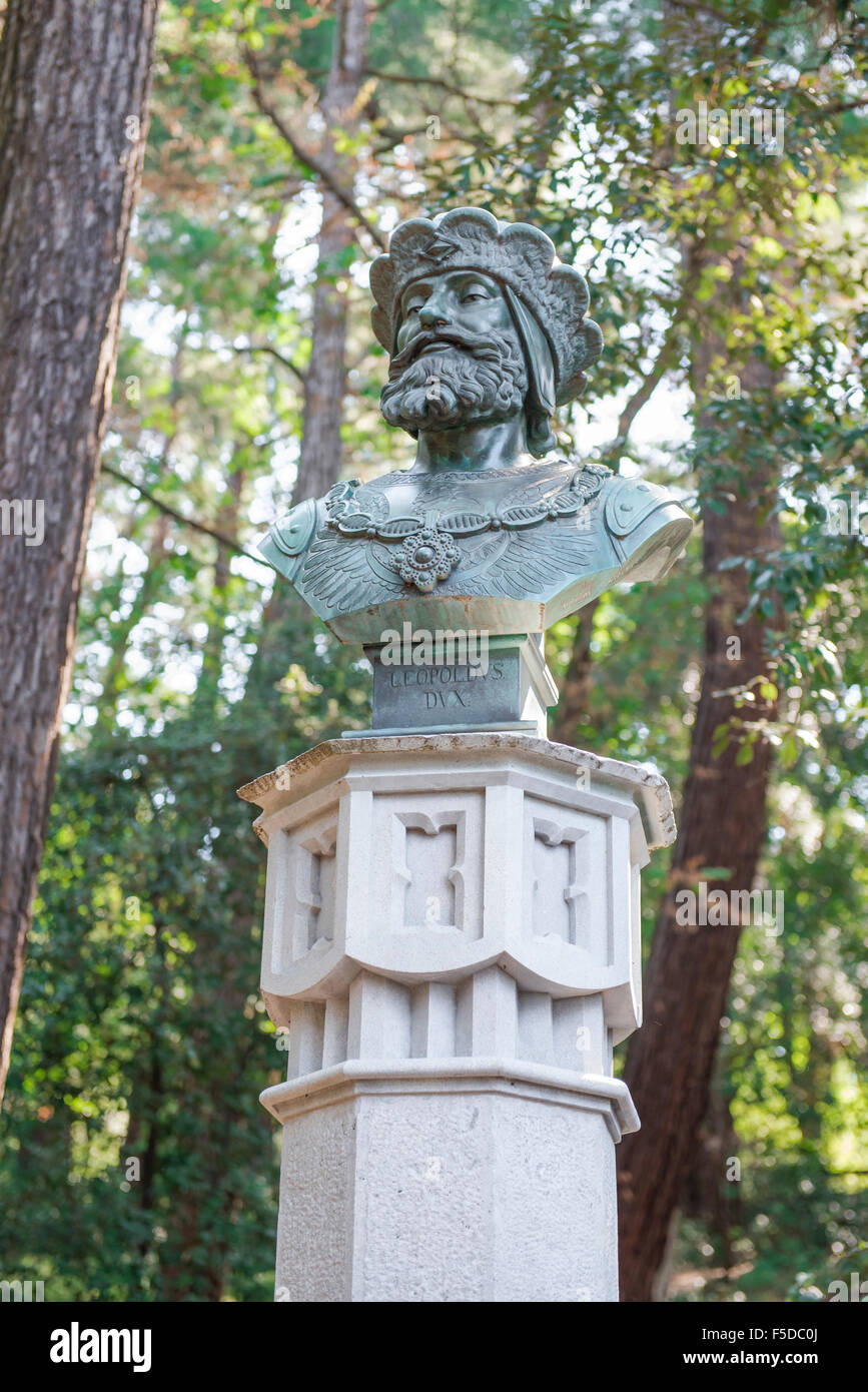 Bronze bust of the Habsburg Duke Leopold I in the gardens of the Miramare castle, Trieste, Italy. Stock Photo