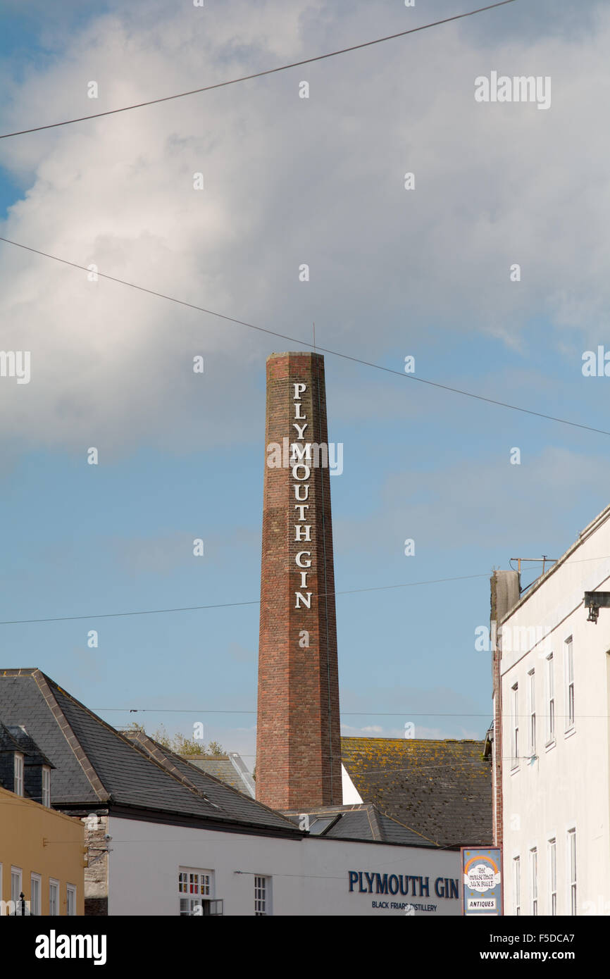 The Plymouth Gin building with red brick chimney and company name in