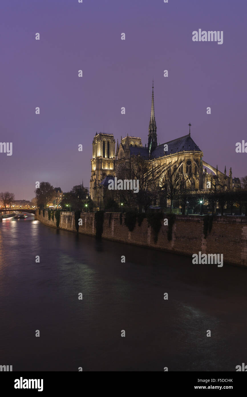 View of Notre Dame cathedral and the Seine River by dusk. Paris, France. Stock Photo