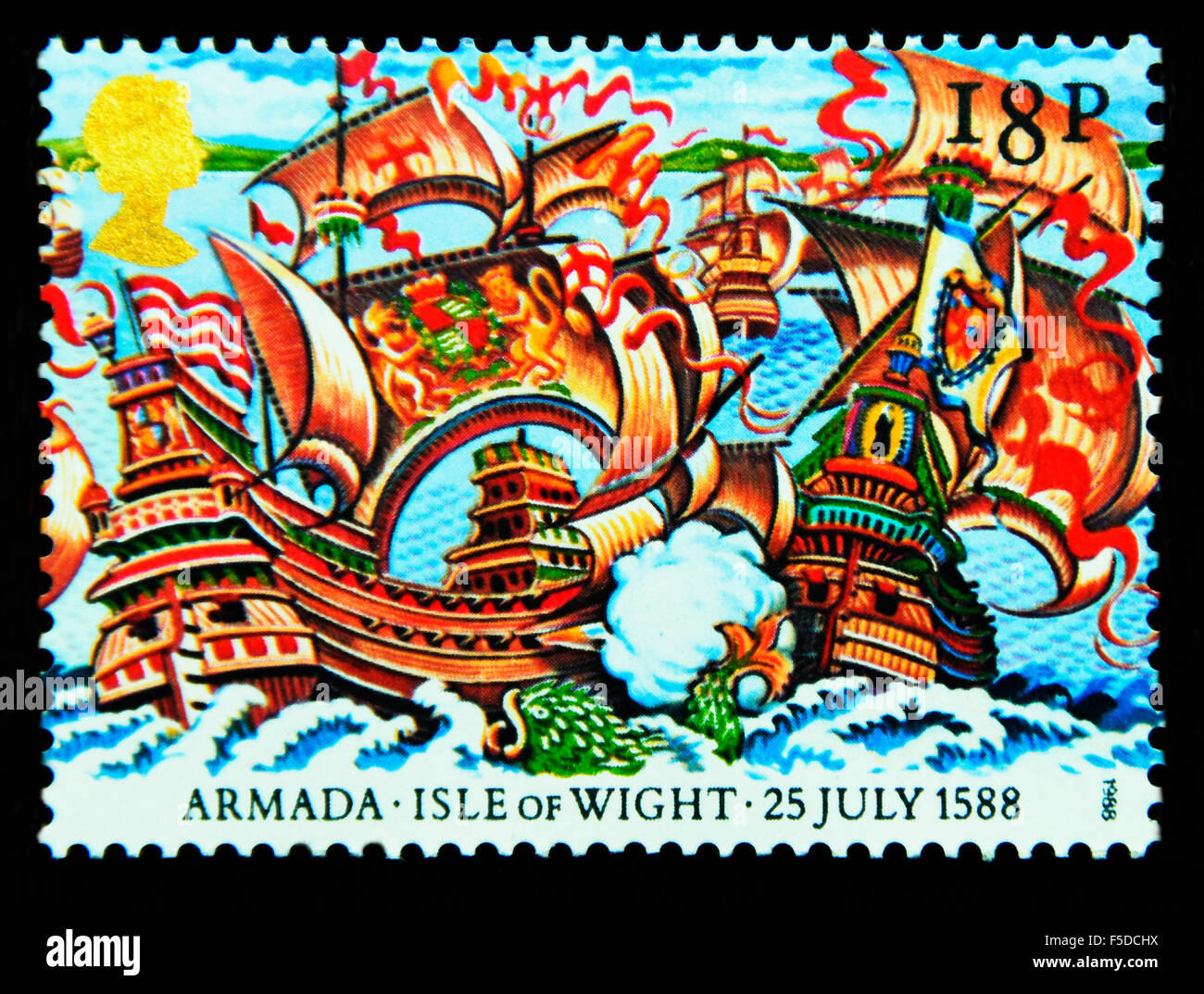 Postage stamp. Great Britain. Queen Elizabeth II. 1988. 400th.Anniversary of Spanish Armada.18p. Stock Photo