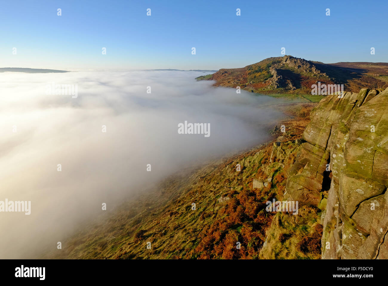 A temperature inversion at The Roaches, Staffordshire Moorlands, Peak District National Park. Stock Photo