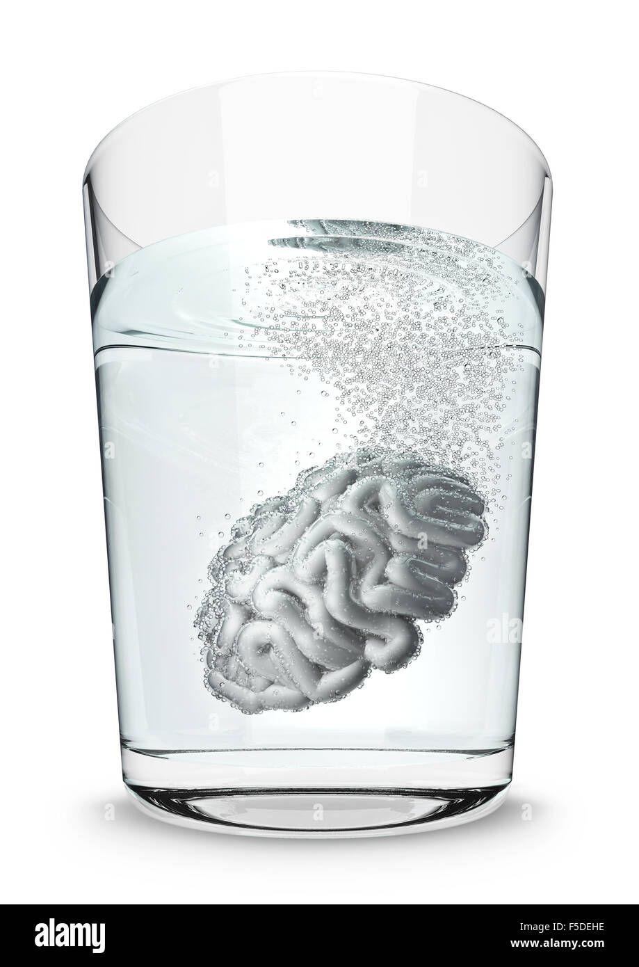 Brain seltzer / 3D render of brain fizzing in glass of water Stock Photo