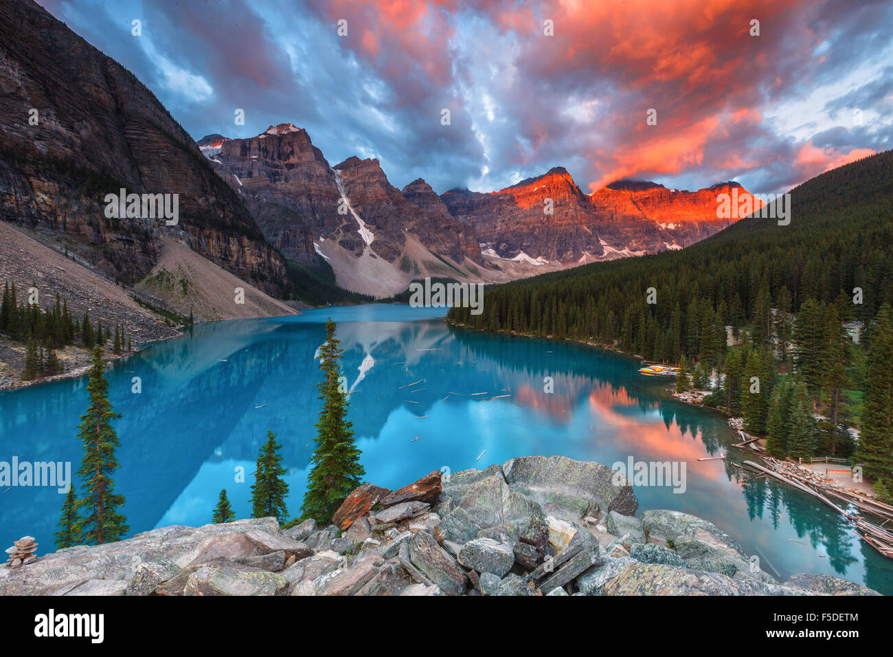 The wonderful Moraine Lake by an incredible sunrise, in Banff National Park, Alberta, Canada (Canadian Rocky Mountains). Stock Photo
