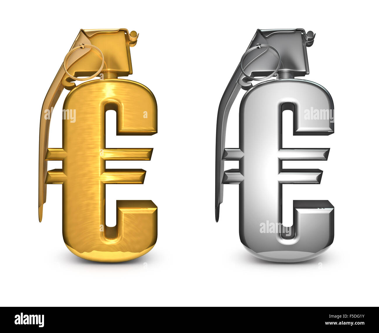 Euro grenade in gold and silver / 3D render of euro symbol grenade Stock Photo