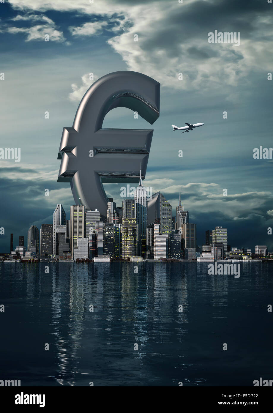 Business city euro / 3D render of euro symbol rising from modern city Stock Photo