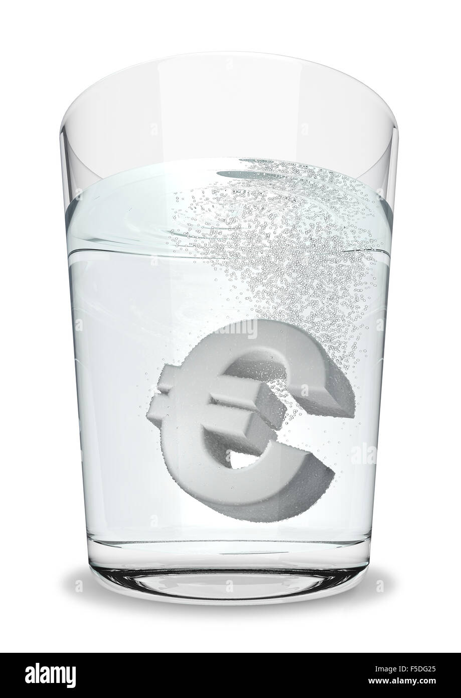 Euro seltzer / 3D render of euro symbol fizzing in glass of water Stock Photo