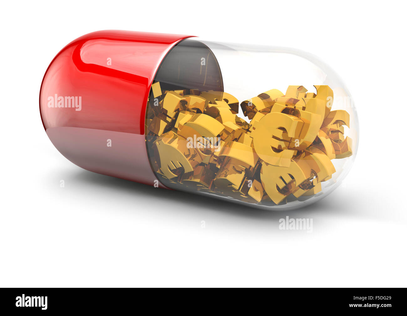 Euro pill / 3D render of medicine capsule containing gold euro symbols Stock Photo