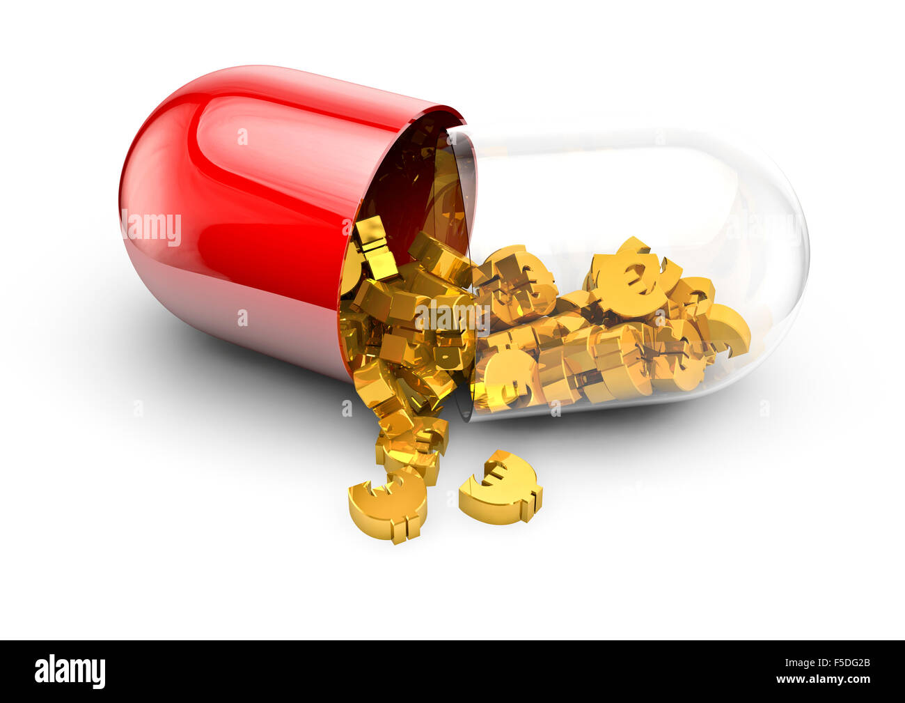 Euro pill / 3D render of medicine capsule containing gold euro symbols Stock Photo