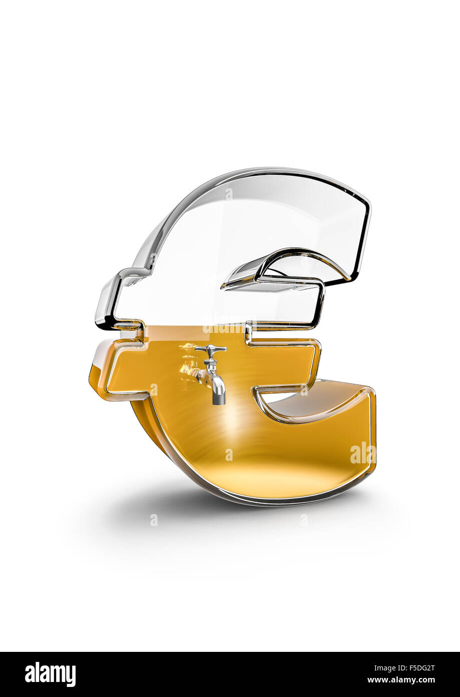 Glass euro / 3D render of glass euro symbol with tap filled with liquid gold Stock Photo