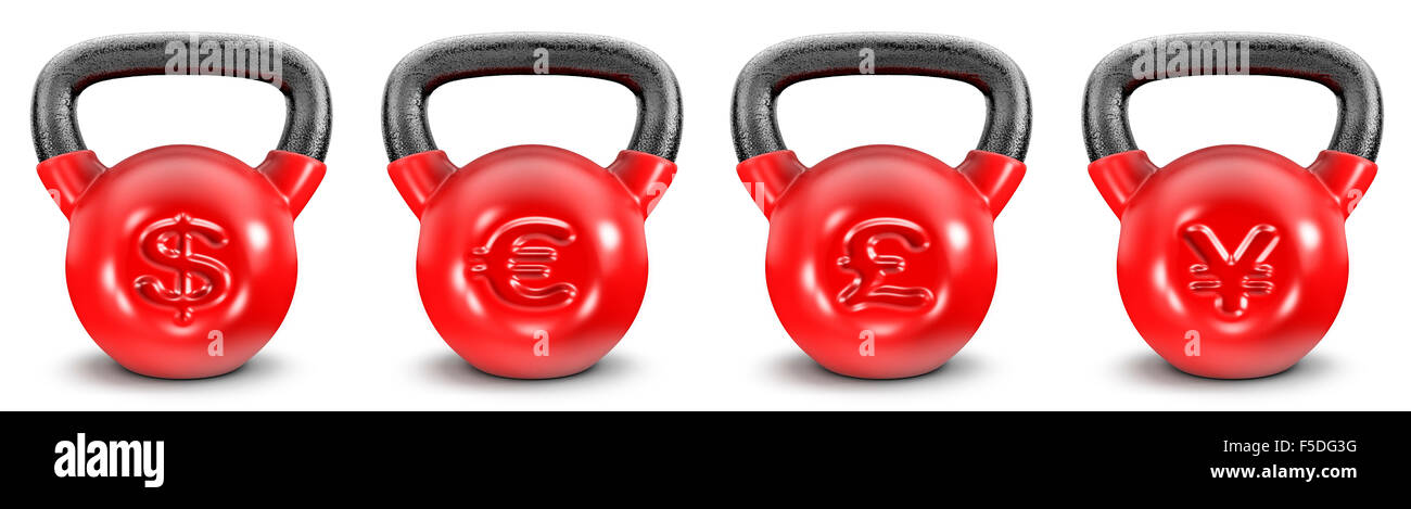 Kettlebell currencies / 3D render of heavy kettlebells with currency symbols, easy to colorize Stock Photo