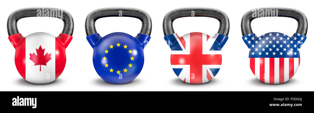 National kettlebells / 3D render of heavy kettlebells with Canadian, EU, UK and USA flags Stock Photo