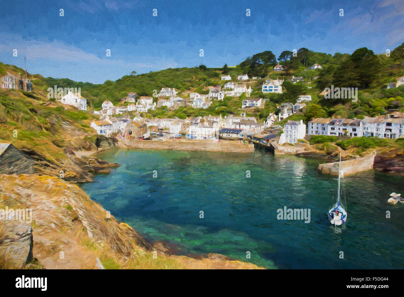 Beautiful harbour scene Cornwall UK with blue sea and boat illustration like oil painting Stock Photo