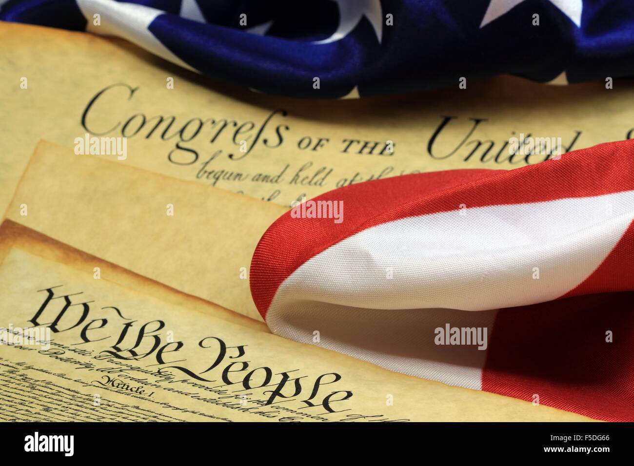 United States Bill of Rights - Preamble to the Constitution of the United States and American Flag Stock Photo