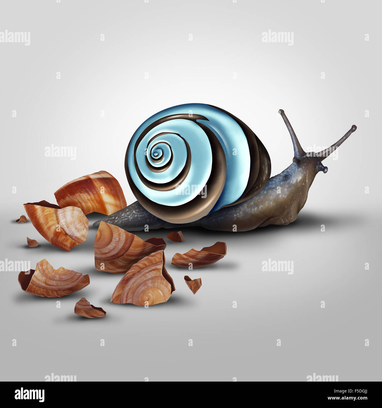Improvement concept as a snail Shedding old shell for an upgrade as a modern chrome one as a metaphor for new and improved and adapting and advancing with new technology. Stock Photo