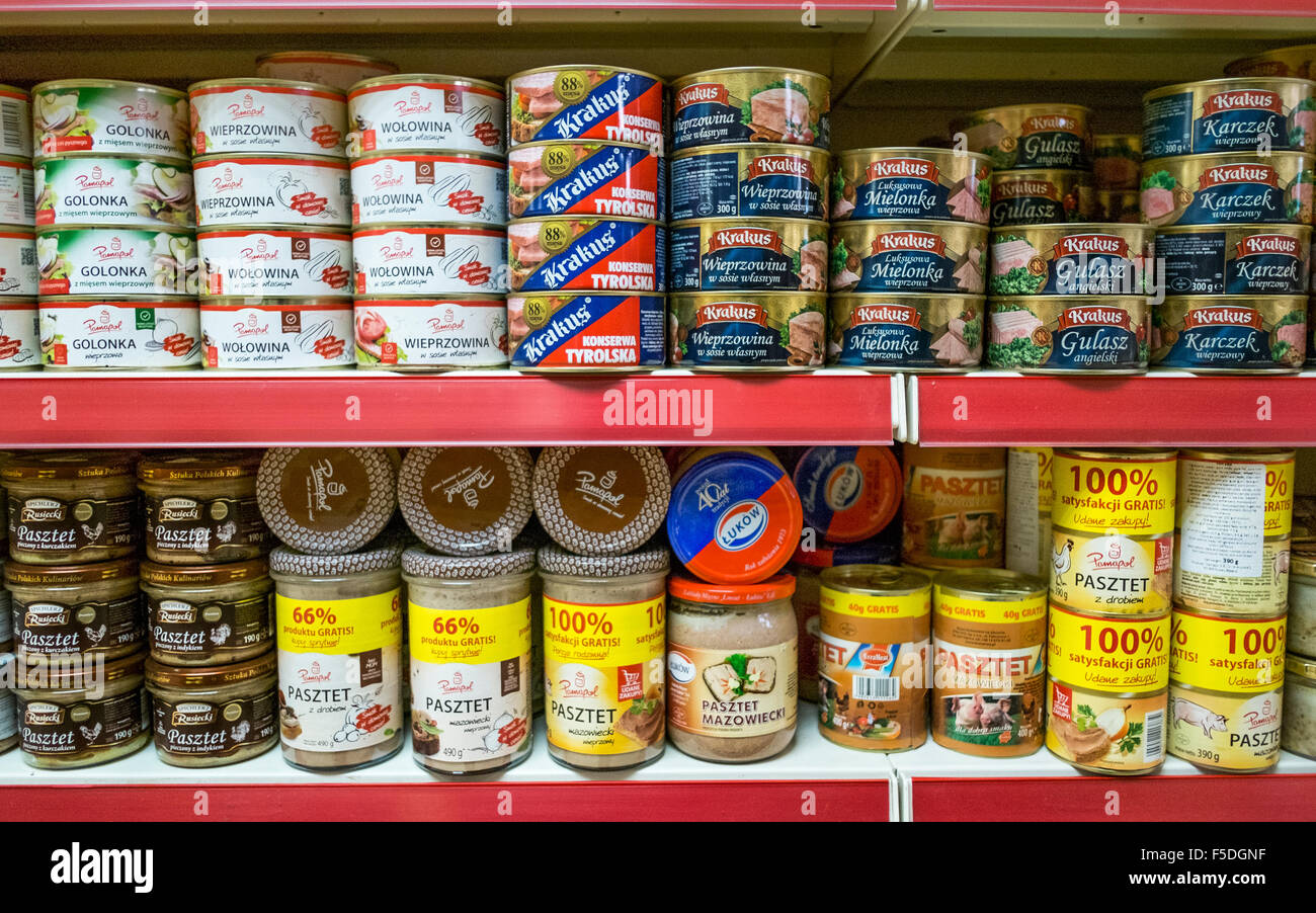 Selection of Polish supermarket produce, foods & household packaged tinned goods on the shelves grocery store stocking foreign items, Southport, UK Stock Photo