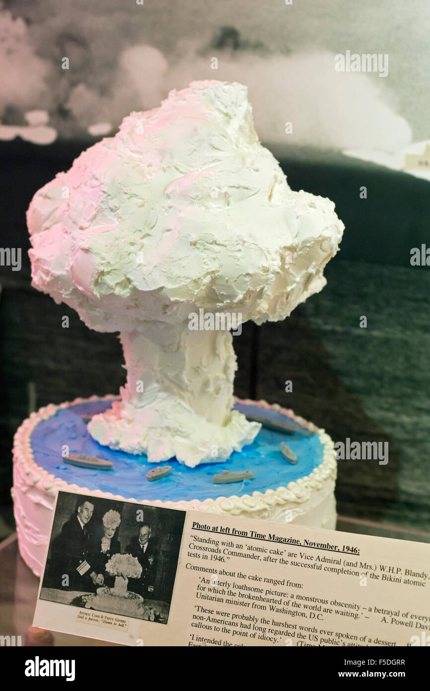 Los Alamos, New Mexico - A display at the Los Alamos Historical Museum includes a cake shaped as a mushroom cloud. Stock Photo