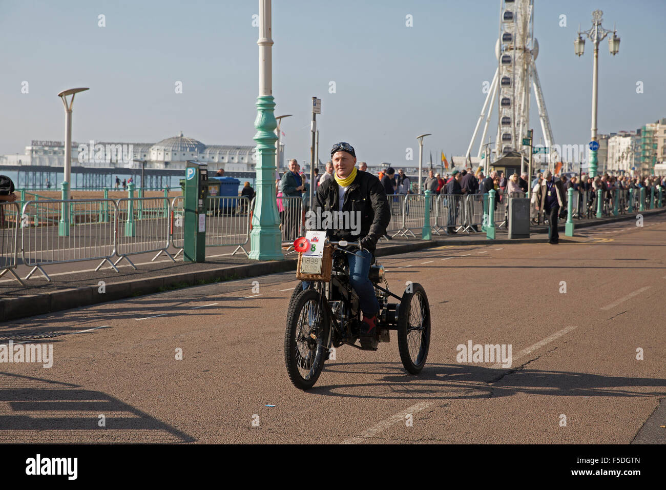 Veteran Motorcycle at the Finish Line after completing the London to Brighton Veteran Car run