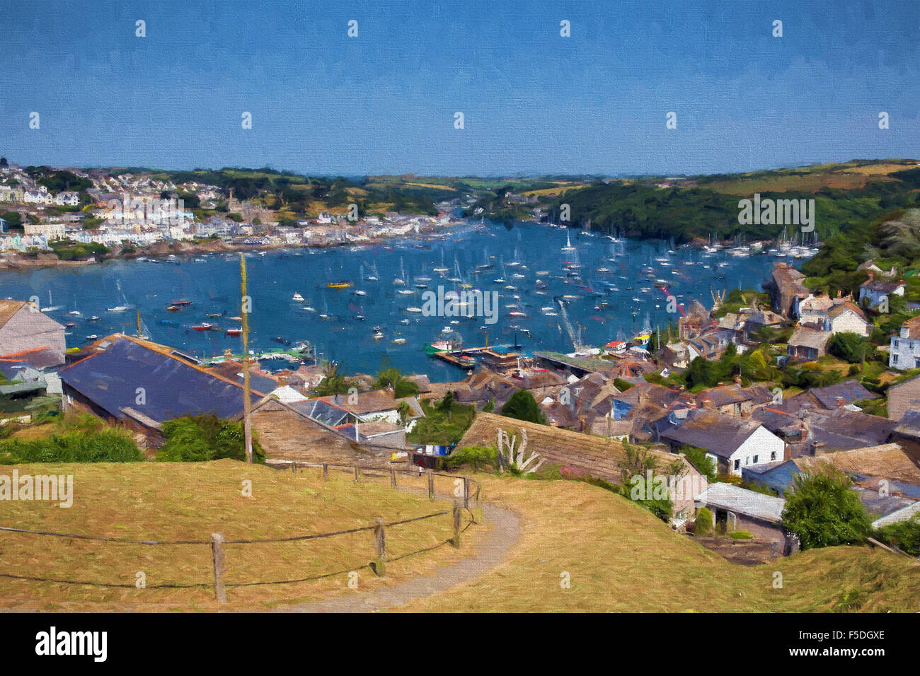 Fowey river Cornwall from Polruan England near St Austell with boats on sunny summer day illustration like oil painting Stock Photo