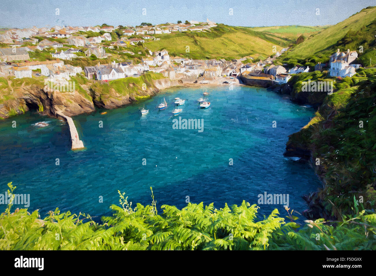 Port Isaac harbour Cornwall England UK with blue sea on a beautiful sunny day illustration like oil painting Stock Photo