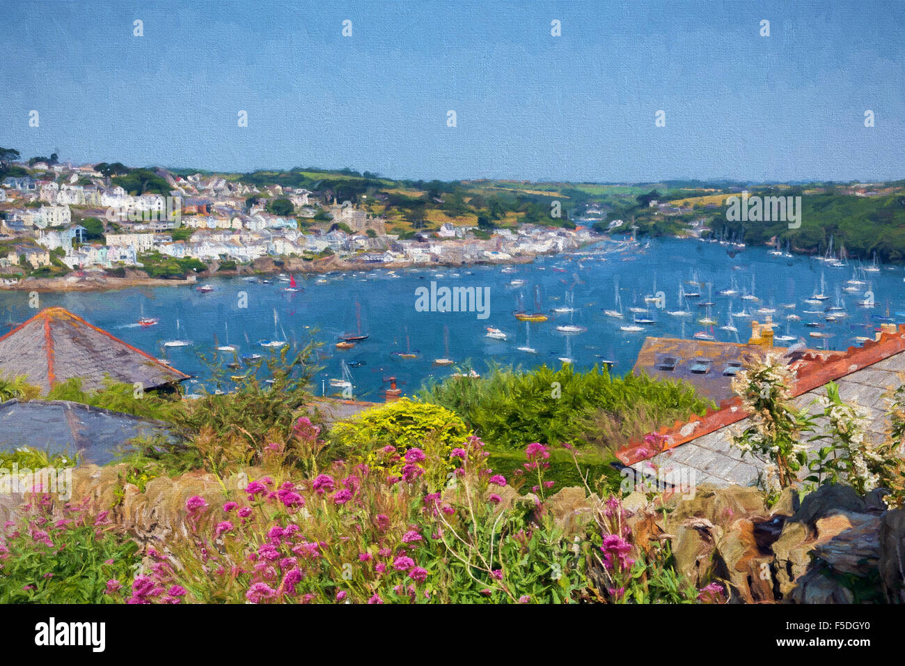Fowey river Cornwall from Polruan England near St Austell with boats and pink flowers illustration like oil painting Stock Photo