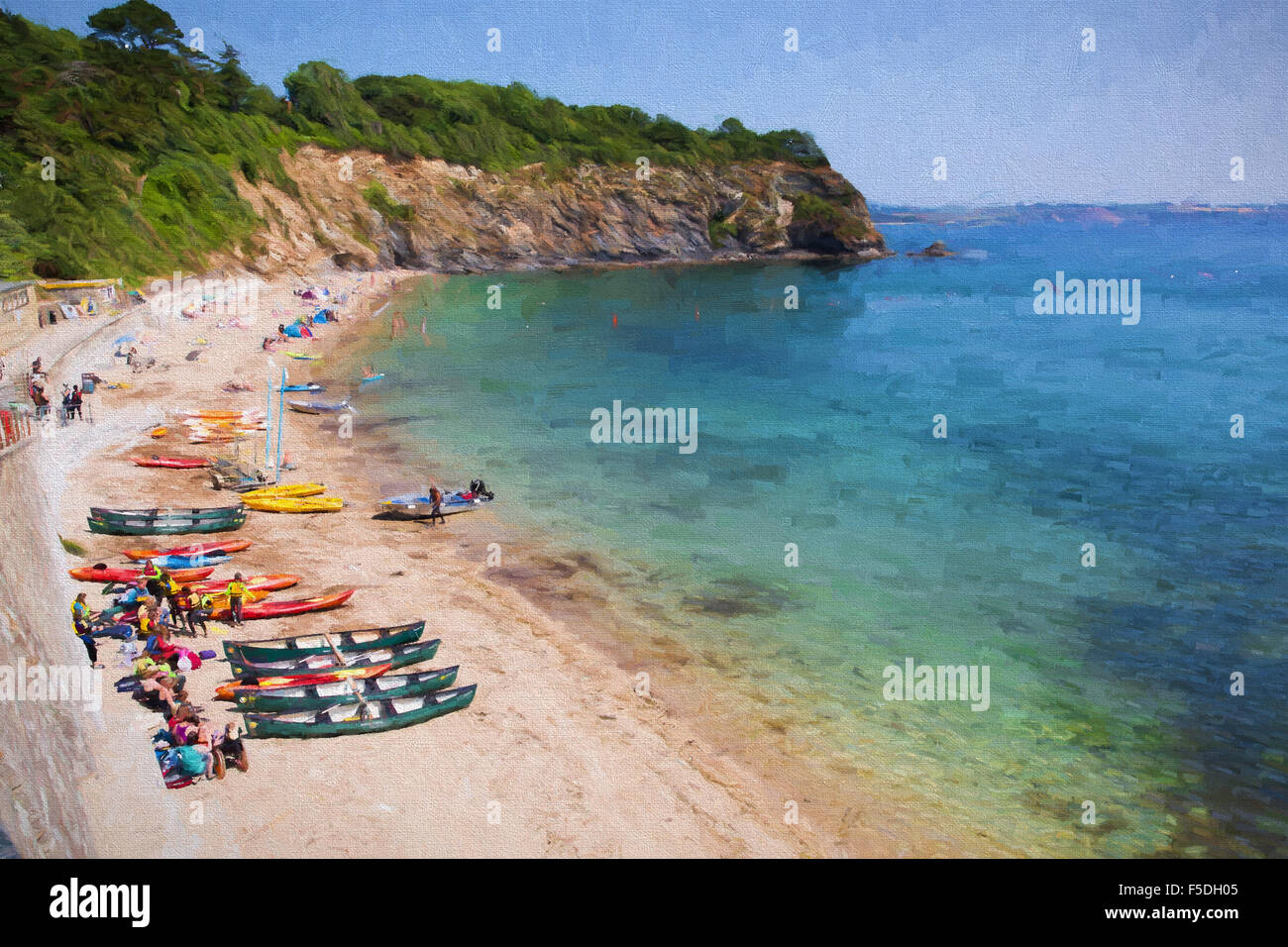 Porthpean beach Cornwall England near St Austell with blue sea on a beautiful summer day illustration like oil painting Stock Photo