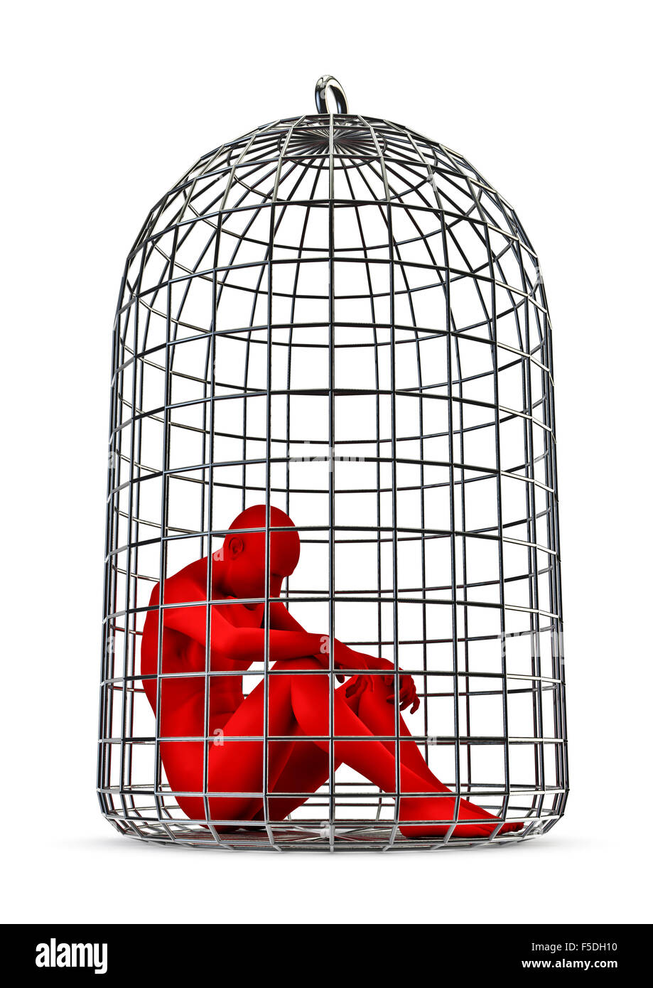 Jailbird / 3D render of male figure trapped in birdcage Stock Photo