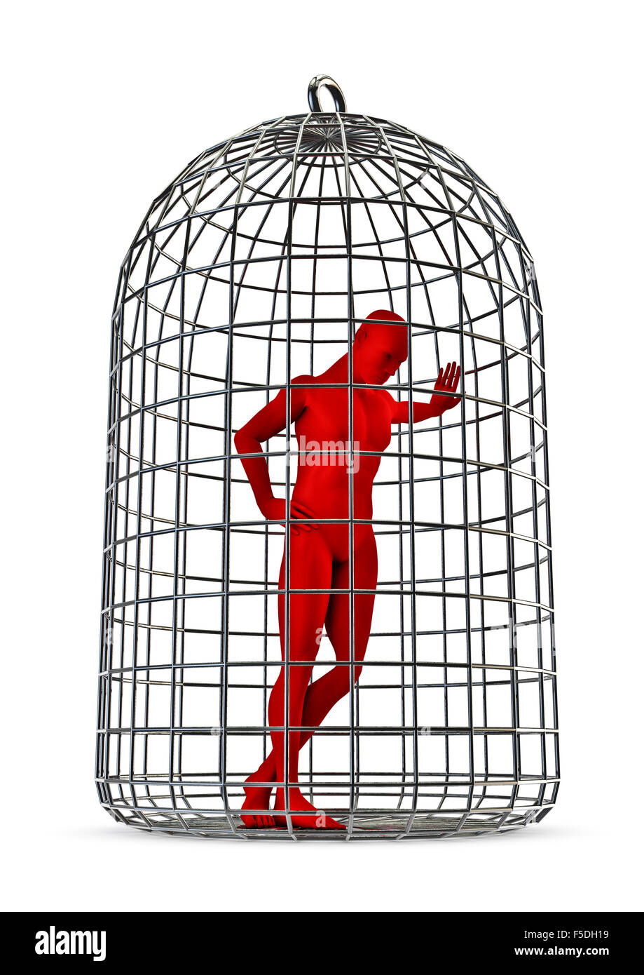 Jailbird / 3D render of male figure trapped in birdcage Stock Photo