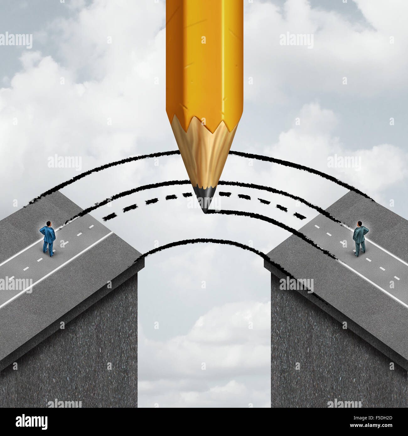 Bridging the gap business partnership concept as a giant pencil drawing a joining road to connect divided businessmen as a cooperation symbol of support and assistance to help in joining separate partners. Stock Photo