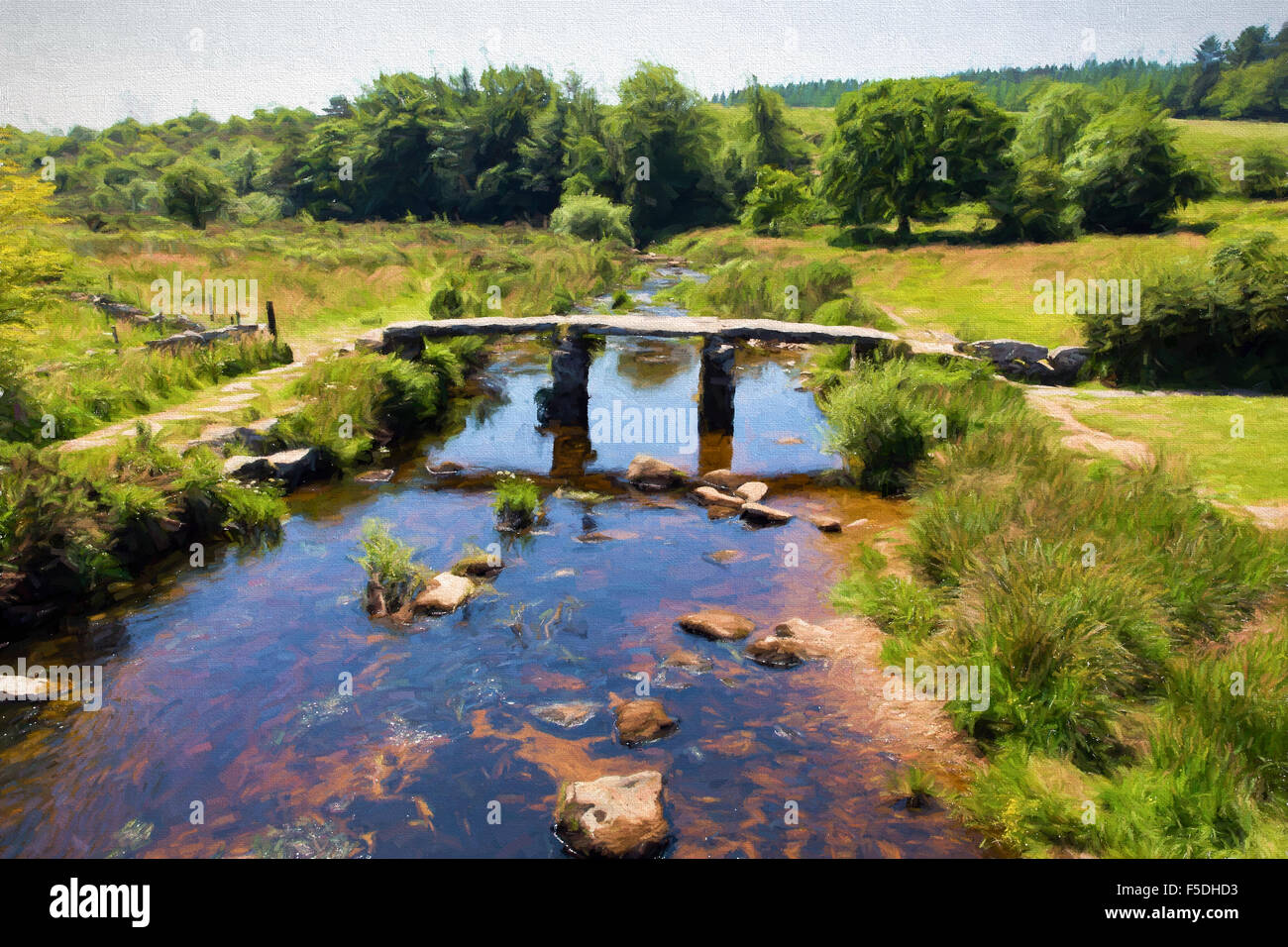 Postbridge ancient clapper bridge Dartmoor National Park Devon England UK illustration like oil painting Stock Photo