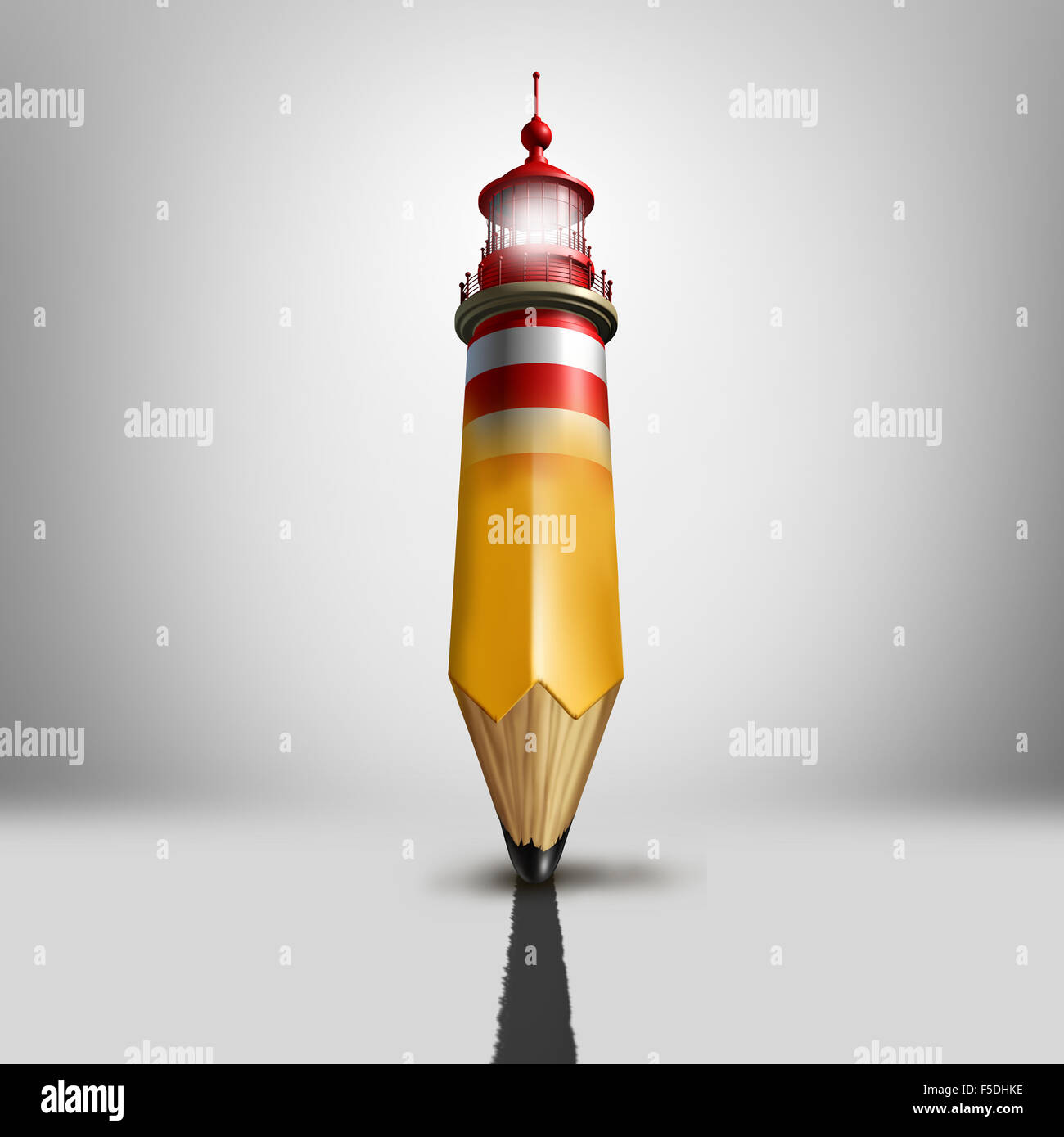 Guidance planning concept and plotting a course symbol as a metaphor for business advice anf financial direction navigation as a pencil shaped as a light house or lighthouse beacon showing the way to success. Stock Photo