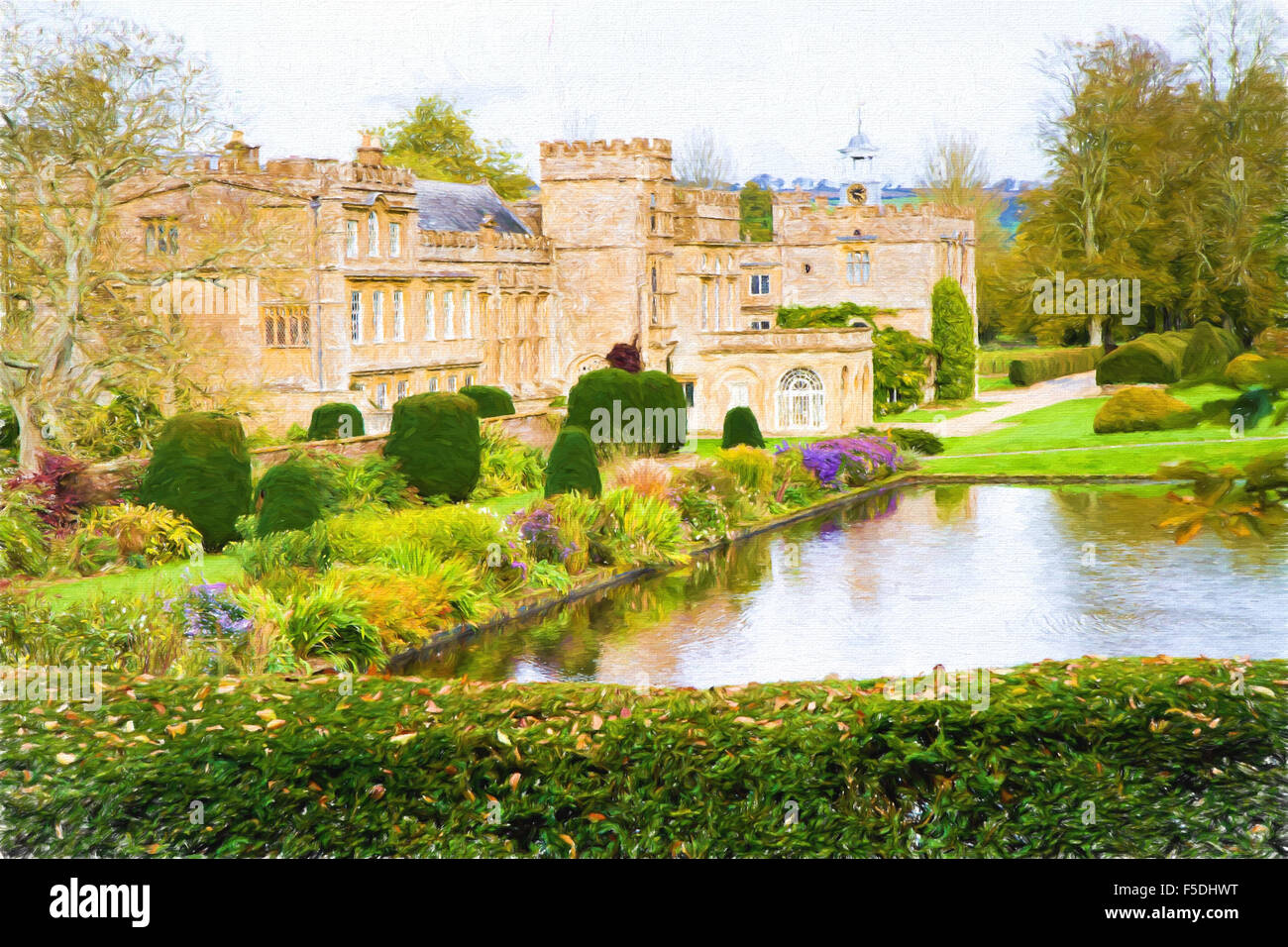 Forde Abbey Dorset England UK tourist attraction with gardens in autumn illustration like oil painting Stock Photo