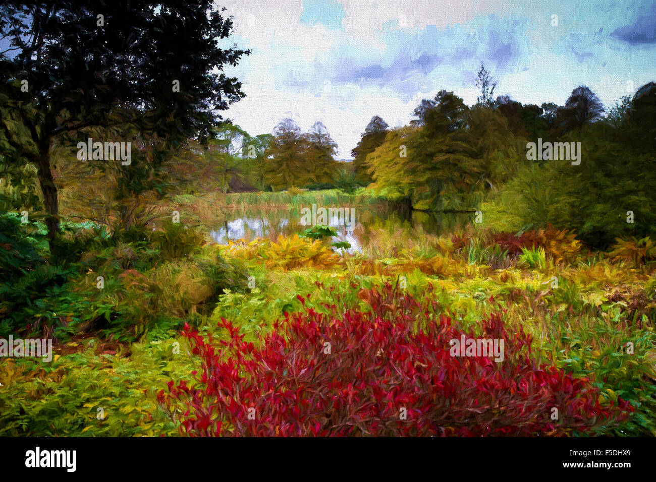 English country garden scene in autumn with lake and red and plants illustration like oil painting Stock Photo