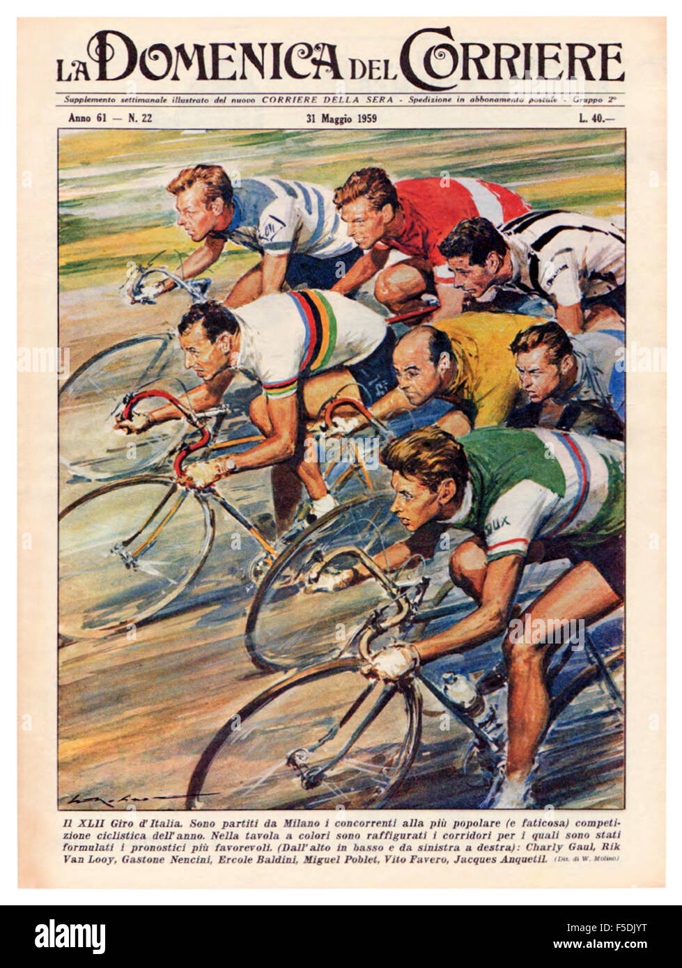 Front cover of 'La Domenica Del Corriere' 31 May 1959 featuring an illustration by Walter Molino (1915-1997) of riders competing in the forty second Giro d'Italia (Tour of Italy) cycle race. The image shows leading competitors as they departed from Milan; from top to bottom and left to right: Charly Gaul (eventual winner); Rik Van Loony; Gastone Nencini; Ercole Baldini; Miguel Poblet; Vito Favero and Jacques Anquetil. Stock Photo