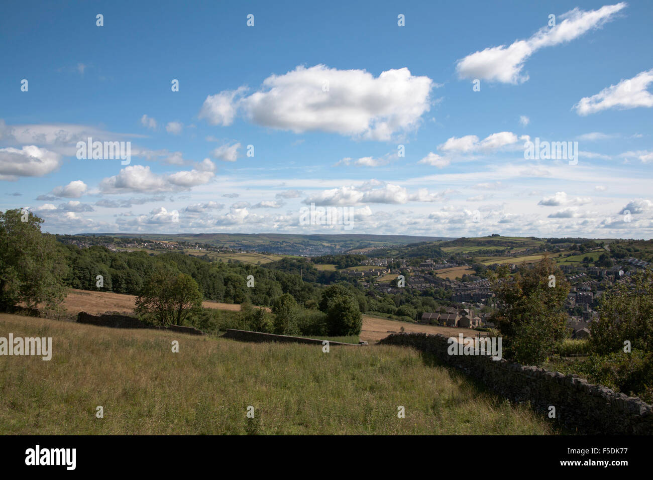 A view of Haworth Brow Moor  and The Worth Valley from above Marsh Lane  West Haworth Yorkshire England Stock Photo