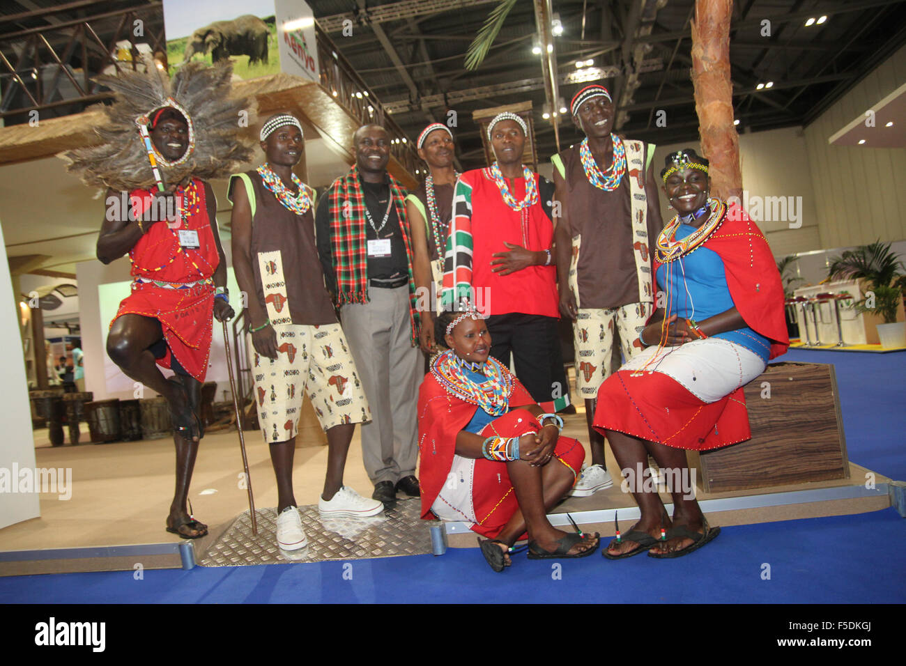 London, UK. 2nd Nov,  2015. A group from the Bomas of Kenya in cultural custom pose for photos at the Magical Kenya stand at the World Travel Market 2015. Credit:  david mbiyu/Alamy Live News Stock Photo