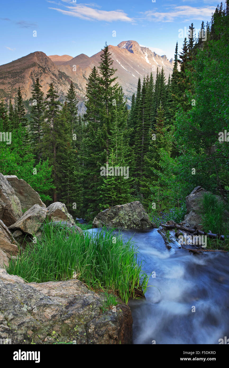Creek and Longs Peak (14,255 ft.), trail to Dream Lake, Rocky Mountain National Park, Colorado USA Stock Photo