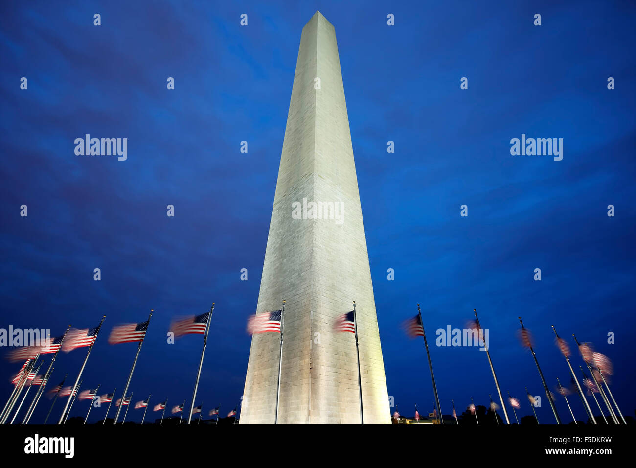 Washington Memorial and American Flags, Washington, District of Columbia USA Stock Photo