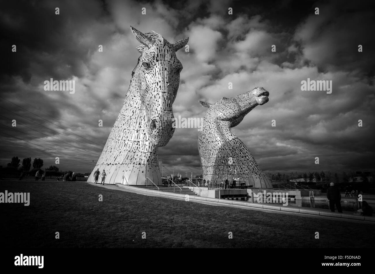 The Kelpies sculpture by Andy Scott, two giant horses heads sculptured in stainless steel, The Helix, Falkirk, Scotland. Stock Photo