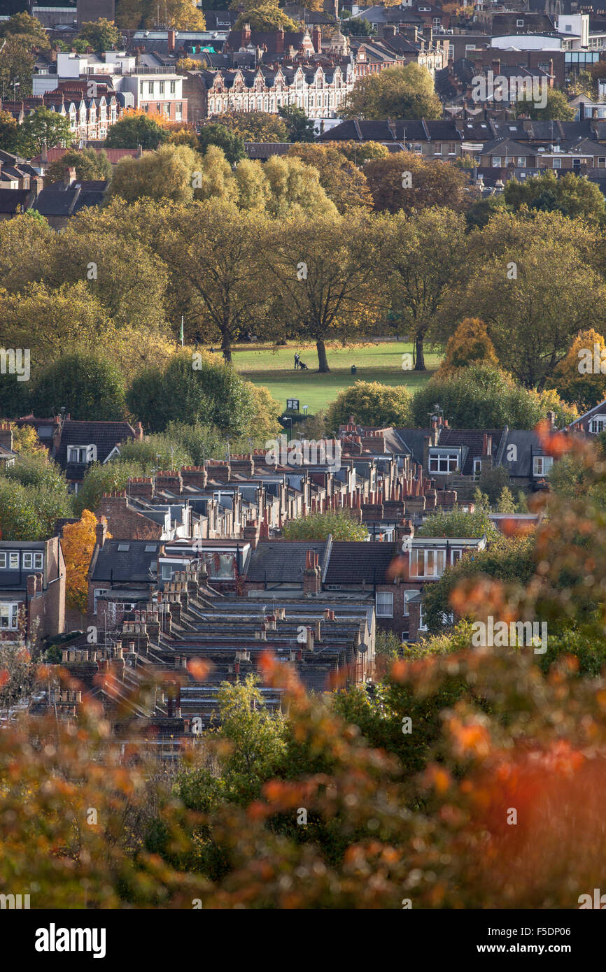 Districts of North London; Hornsey ( foreground) separated from Crouch End (London N8) by the green of Priory Park. Stock Photo
