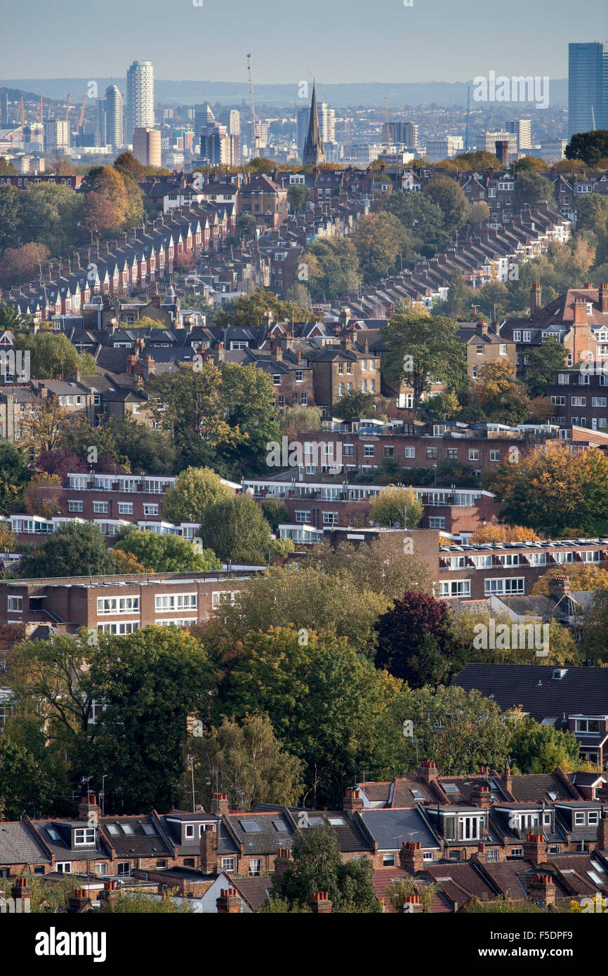 View over the London districts of Hornsey and Crouch End towards the tall buildings of Bow and Poplar. Stock Photo