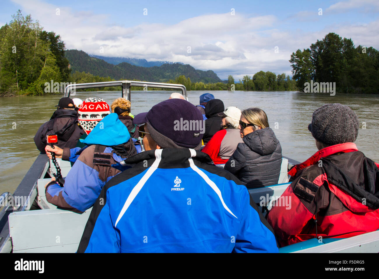 A jetboat excursion on the Chilkat River takes guests into the Chilkat Bald Eagle Preserve near Haines, Alaska Stock Photo