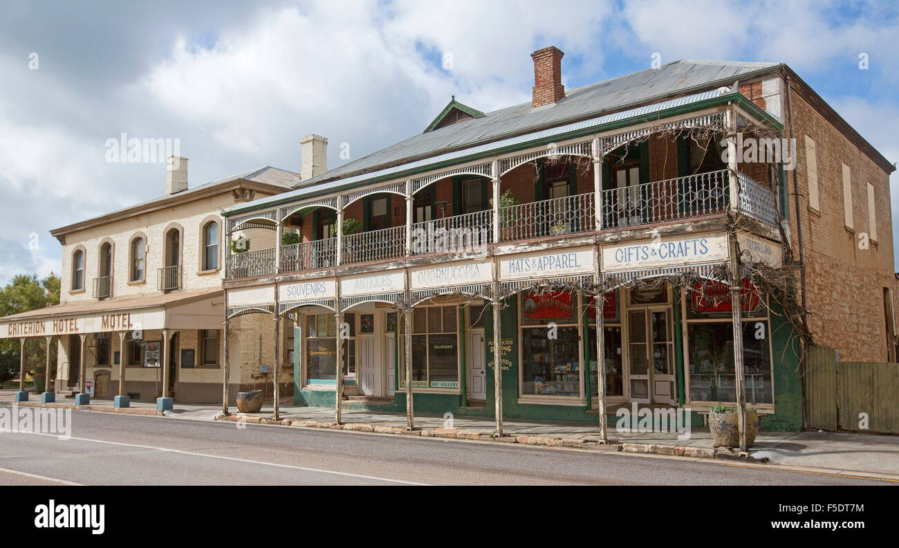 Historic buildings, old pub / hotel & adjacent double story shops with verandahs in South Australian country town of Quorn Stock Photo